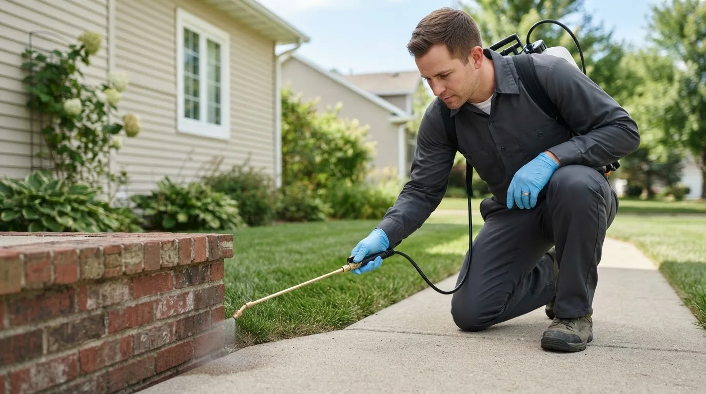Pest control technician treating a home near Mill Village, PA