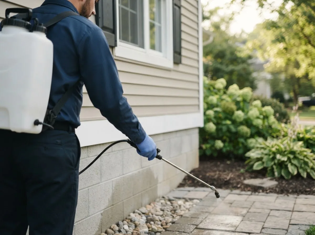 Pest control technician inspecting a home in Mill Village, PA